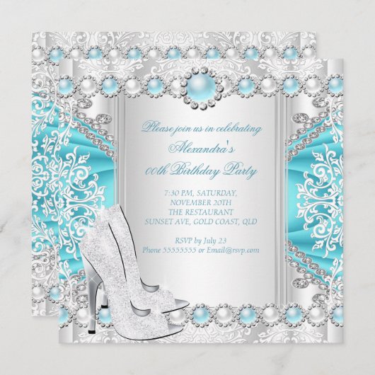 ティール(緑がかった色)シルバーハイヒールホワイトパールバースデーパーティー 招待状 (正面/裏面)