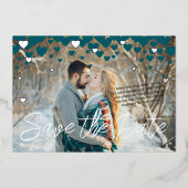 ティール（緑がかった色）、シルバーハート、ウィンターまたはヴァレンティ結婚ーズ 箔招待状 (正面)