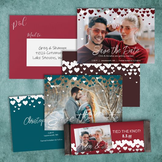 ティール（緑がかった色）、シルバーハート、ウィンターまたはヴァレンティ結婚ーズ 箔招待状