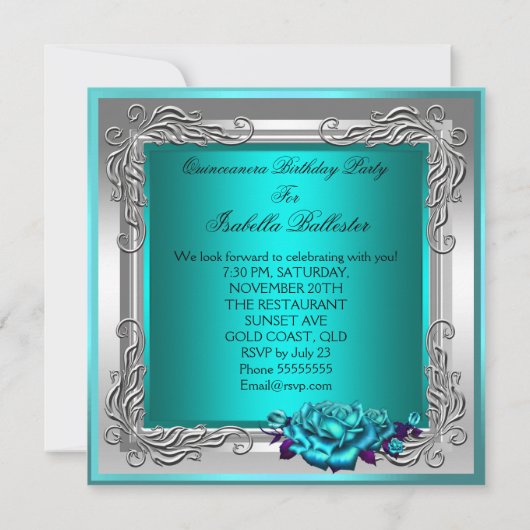 ティール（緑がかった色）シルバーバラキンセアニェラ15th写真 招待状 (裏面)