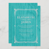 ティール(緑がかった色)&シルバーバ素朴ンウッド結婚式招待状 招待状 (正面/裏面)