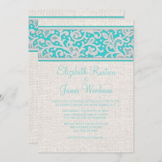 ティール（緑がかった色）シルバーバ素朴ーラップレース結婚式招待状 招待状 (正面/裏面)