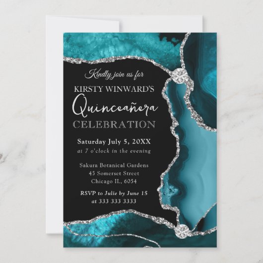 ティール（緑がかった色）&シルバーフェイクグリッターアゲートキンセアニェラ 招待状 (正面)