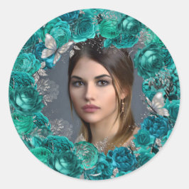 ティール(緑がかった色)シルバーフォトグリッターバタフライガールズパーティー ラウンドシール