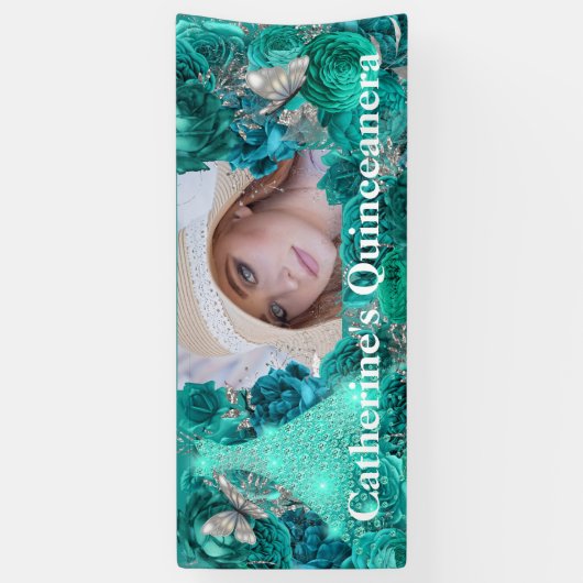 ティール（緑がかった色）シルバーフォトグリッターバタフライキンセアニェラ 横断幕 (縦)