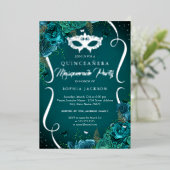ティール（緑がかった色）シルバーフローラスクールマスカレードキンセアニェラ 箔招待状 (立ち正面)