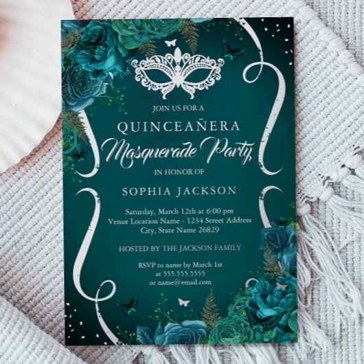 ティール（緑がかった色）シルバーフローラスクールマスカレードキンセアニェラ 箔招待状