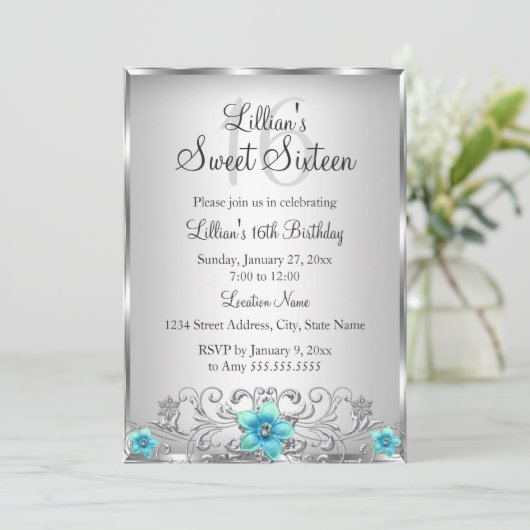 ティール（緑がかった色）シルバーフローラスワールスウィート16招待状 招待状 (スタンド正面)