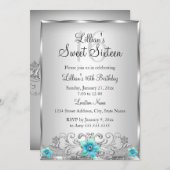 ティール（緑がかった色）シルバーフローラスワールスウィート16招待状 招待状 (正面/裏面)