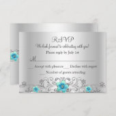 ティール（緑がかった色）シルバーフローラスワールRSVP 出欠カード (正面/裏面)