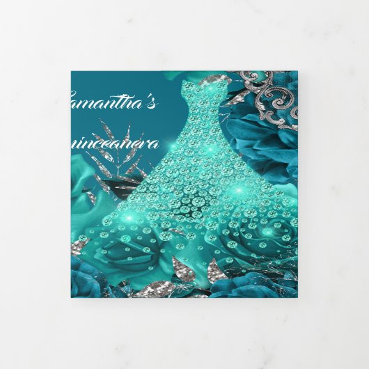 ティール（緑がかった色）シルバーフローラバラキンセアニェラグリッターガウン 三つ折り招待状 (カバー)