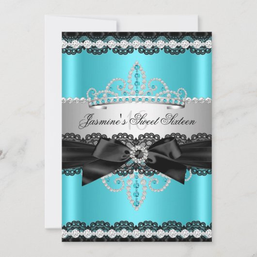 ティール（緑がかった色）シルバーブラックレーススウィート16バースデーパーティー 招待状 (正面)