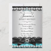 ティール（緑がかった色）シルバーブラックレーススウィート16バースデーパーティー 招待状 (裏面)