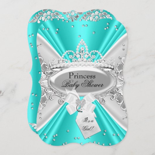 ティール(緑がかった色)シルバープリンセスティアラベビーシャワー招待状 招待状 (正面/裏面)