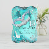 ティール(緑がかった色)シルバーマスカレードキンセアニェラ誕生日招待状 招待状 (スタンド正面)