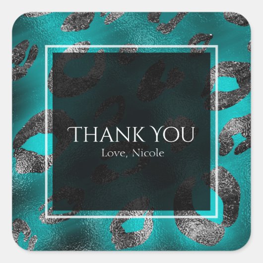 ティール(緑がかった色)&シルバーレオパード印刷パーティーの好意 スクエアシール (正面)