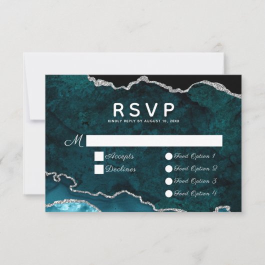 ティール(緑がかった色)シルバー食品オプション結婚アゲート 出欠カード (正面)