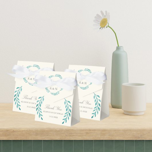 ティール(緑がかった色)シンプルアイボリーモダン結婚リース フェイバーボックス