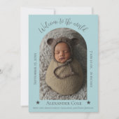 ティール（緑がかった色）シンプルアーチフレーム写真誕生のお知らせ 案内状 (正面)