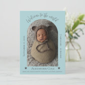 ティール（緑がかった色）シンプルアーチフレーム写真誕生のお知らせ 案内状 (スタンド正面)