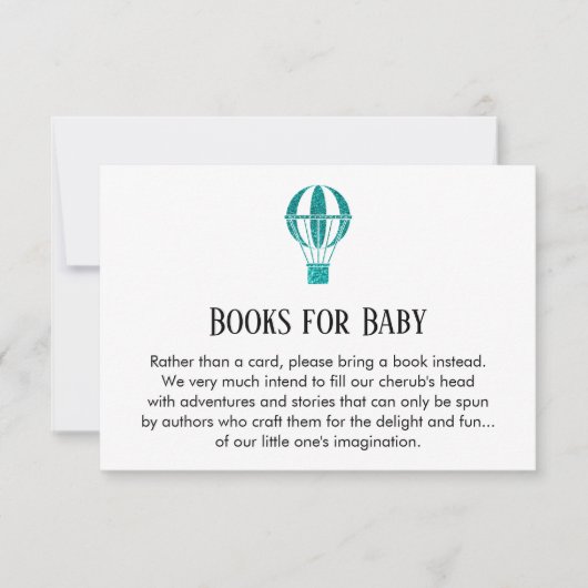 ティール(緑がかった色)シンプルグリッター熱気球ブックリクエスト 招待状 (正面)