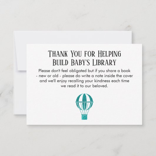 ティール(緑がかった色)シンプルグリッター熱気球ブックリクエスト 招待状 (裏面)