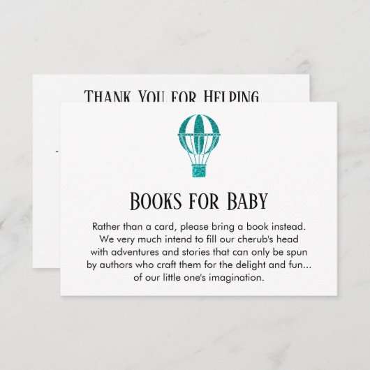 ティール(緑がかった色)シンプルグリッター熱気球ブックリクエスト 招待状 (正面/裏面)