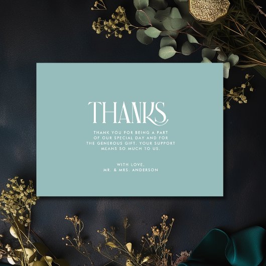 ティール(緑がかった色)シンプルグリーンの結婚写真ありがとう カード