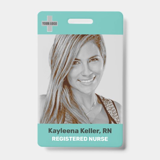 ティール（緑がかった色）シンプルグリーンラージフォトロゴコードテンプレート バッジ (Front)