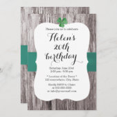 ティール(緑がかった色)シンプルシャムロックリボンウッドバースデーパーティー 招待状 (正面/裏面)