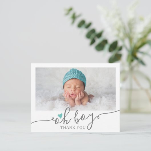 ティール（緑がかった色）シンプルハート男の子ベイビーシャワー写真ありがとう サンキューカード (スタンド正面)