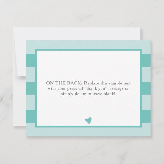 ティール（緑がかった色）シンプルハート男の子ベイビーシャワー写真ありがとう サンキューカード (裏面)