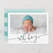 ティール(緑がかった色)シンプルハート男の子ベイビーシャワー写真ありがとう サンキューカード (正面/裏面)