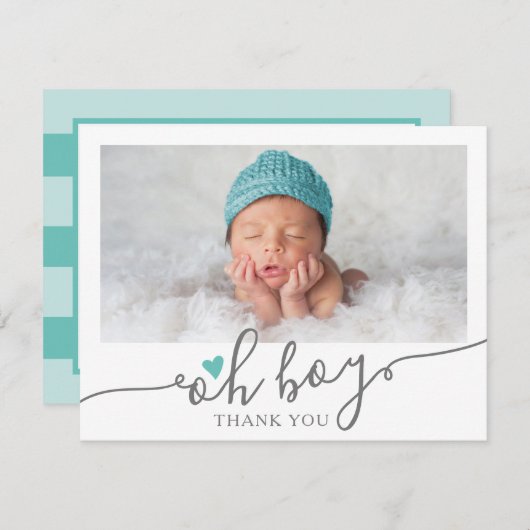 ティール（緑がかった色）シンプルハート男の子ベイビーシャワー写真ありがとう サンキューカード (正面/裏面)