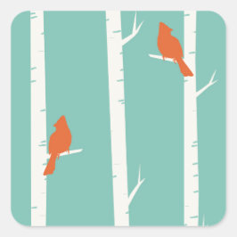 ティール（緑がかった色）シンプルブルーバードツリーパターン スクエアシール