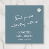 ティール(緑がかった色)シンプルブルーミニマルカスタムリスト赤ちゃんシャワー フェイバータグ (裏面)