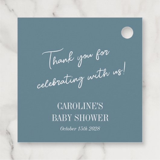 ティール（緑がかった色）シンプルブルーミニマルカスタムリスト赤ちゃんシャワー フェイバータグ (裏面)