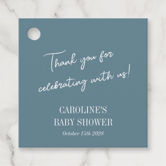 ティール(緑がかった色)シンプルブルーミニマルカスタムリスト赤ちゃんシャワー フェイバータグ (正面)