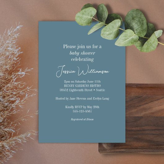 ティール（緑がかった色）シンプルブルーミニマルデザインベビーシャワー 招待状