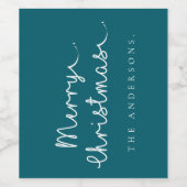 ティール（緑がかった色）シンプルホワイトネームミニマリストメリークリスマス ワインラベル (シングルラベル)