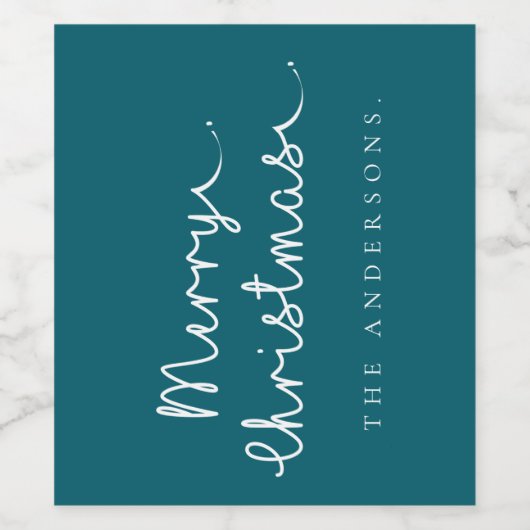 ティール（緑がかった色）シンプルホワイトネームミニマリストメリークリスマス ワインラベル (シングルラベル)