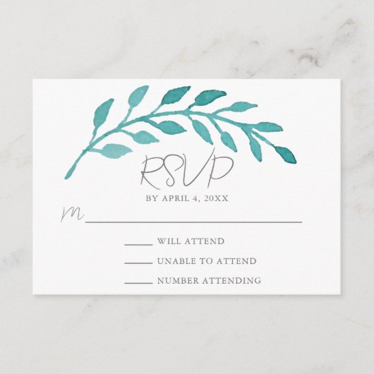 ティール（緑がかった色）シンプル水彩植物性つる植物ウェディングRSVP エンクロージャーカード (正面)