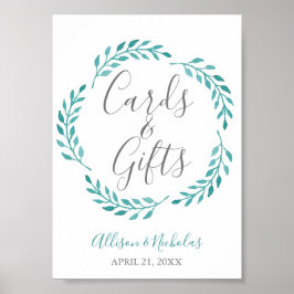 ティール（緑がかった色）シンプル水彩植物性カードギフトテーブル ポスター