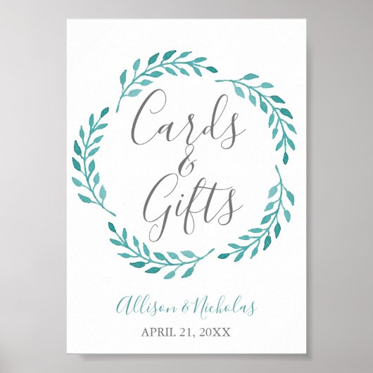ティール(緑がかった色)シンプル水彩植物性カードギフトテーブル ポスター (正面)