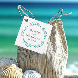 ティール（緑がかった色）シンプル水彩植物性ビーチ結婚式 フェイバータグ