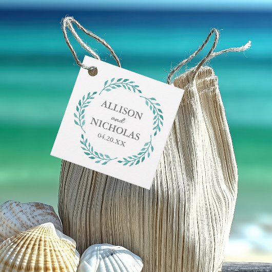 ティール(緑がかった色)シンプル水彩植物性ビーチ結婚式 フェイバータグ