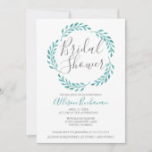 ティール(緑がかった色)シンプル水彩植物性ブライダルシャワー 招待状 (正面)