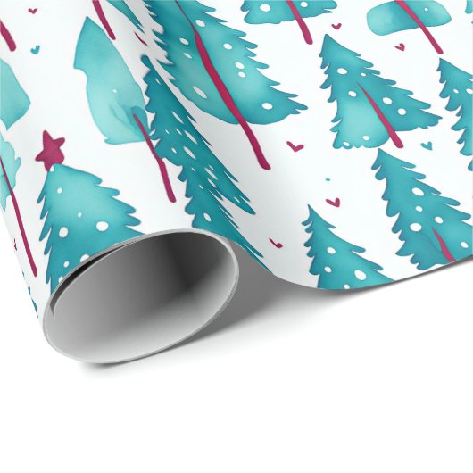 ティール(緑がかった色)シンプル赤い冬の松の水の色パターン ラッピングペーパー (ロールコーナー)