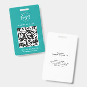 ティール(緑がかった色)シンプルQRコード従業員ID バッジ (正面&裏面)