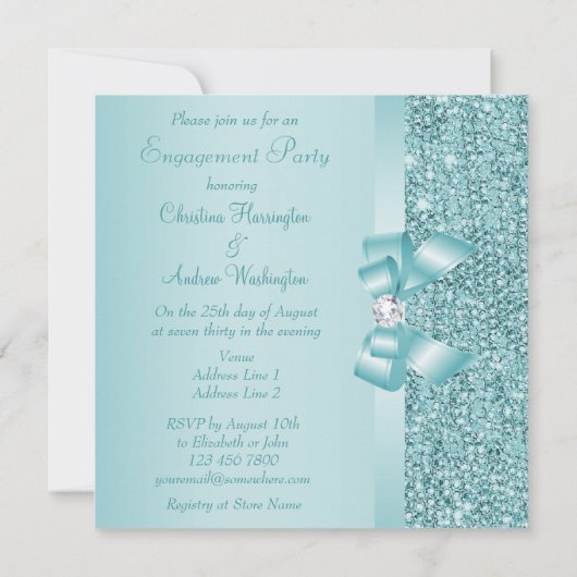 ティール（緑がかった色）シークンズボウ&ダイヤモンド婚約パーティ 招待状 (裏面)